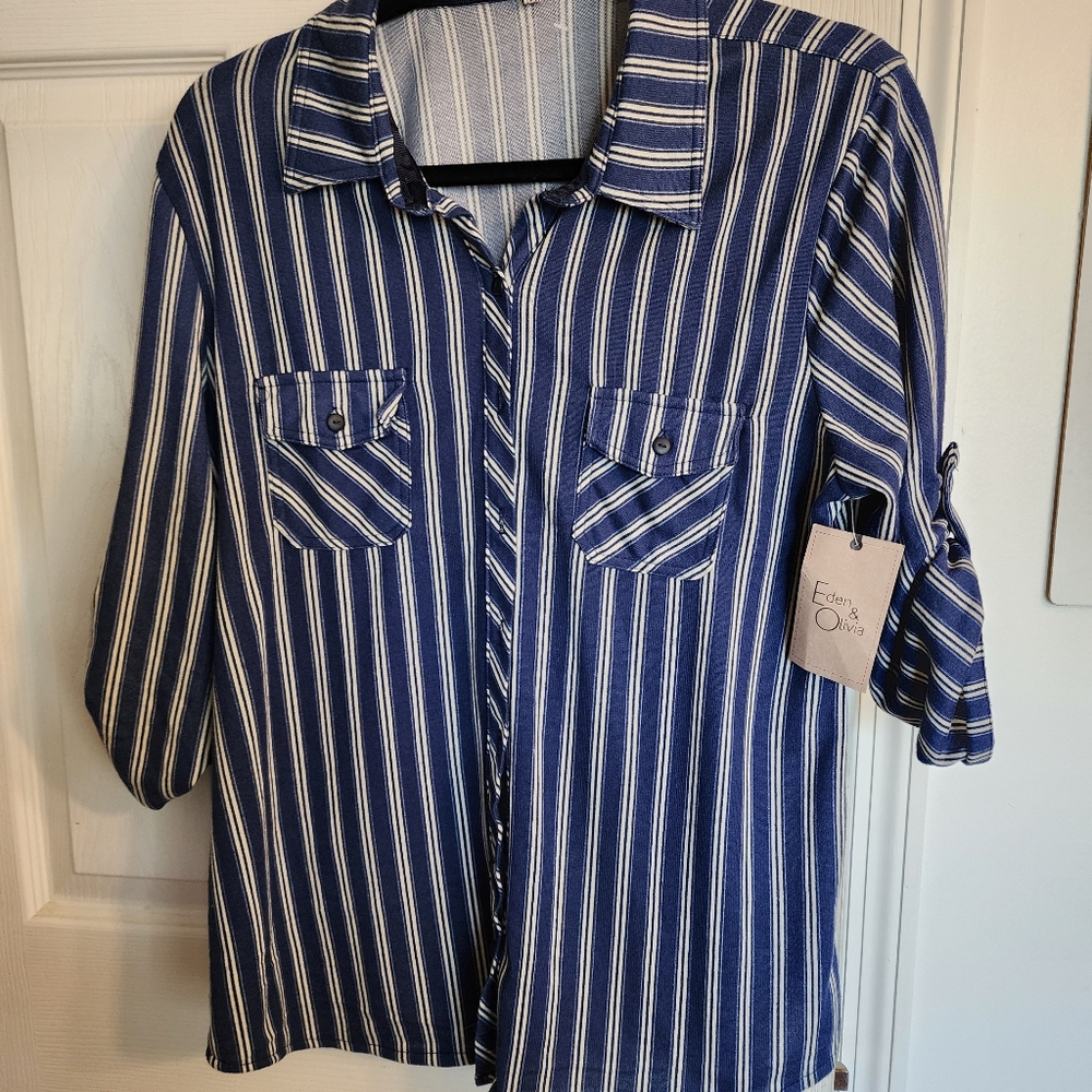 Eden & Olivia Navy and White Striped Shirt. NWT